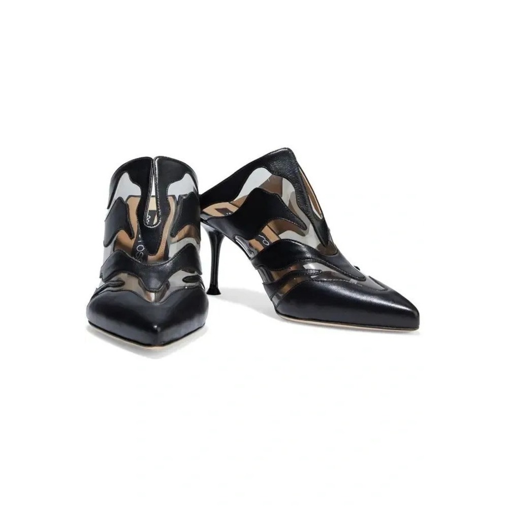 Sergio‎ Rossi Mule Heels Womens Sz 5 Black Leather Pointed Toe Stiletto Italy